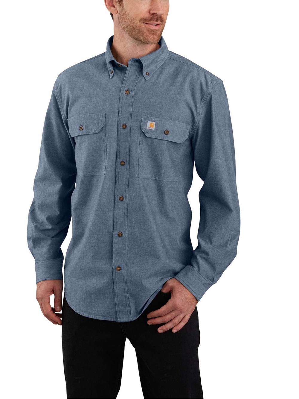 Men's Carhartt Loose Fit Blue Chambray Button Up Long Sleeve Work Shirt Size 2XL